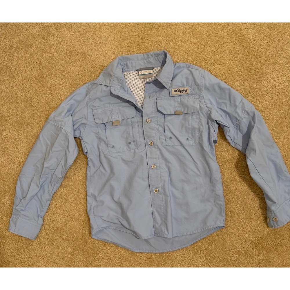 Columbia PFG Kids S Light Blue Long Sleeve Fishing Shirt Omni-Shade Sun Trail